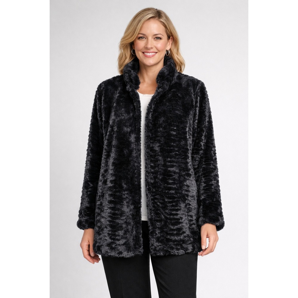 Black Faux Fur Jacket Coat Women 14‎ Warm Soft Retro Chic Minimalist Cozy Plush